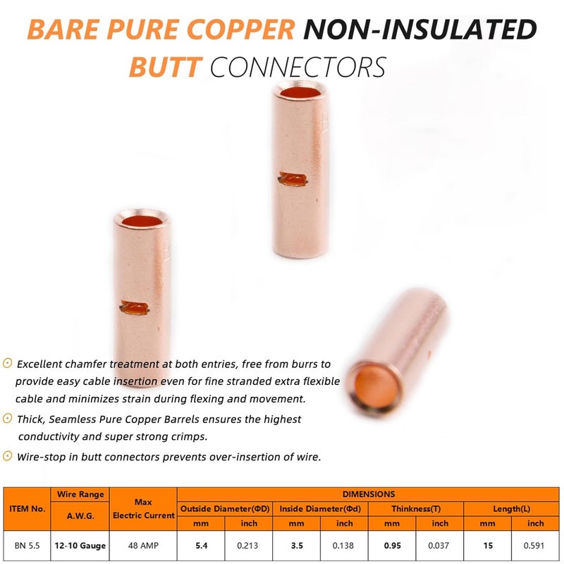 SVAAR 100PCS 12-10 Gauge Non Insulated Butt Connectors 12-10 AWG Uninsulated Butt Splice Connectors Crimp Repair Butt Splices Kit Bare Pure Copper Seamless Barrel Crimp Butt Splice Terminals - Image 2